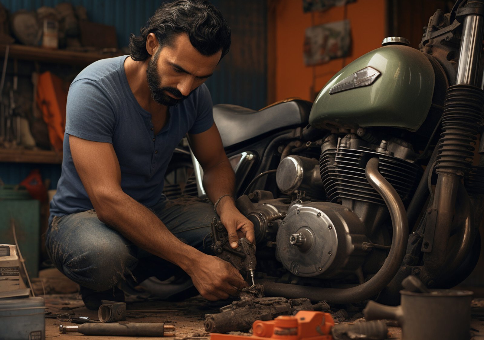 man repairing his motorcycle scaled